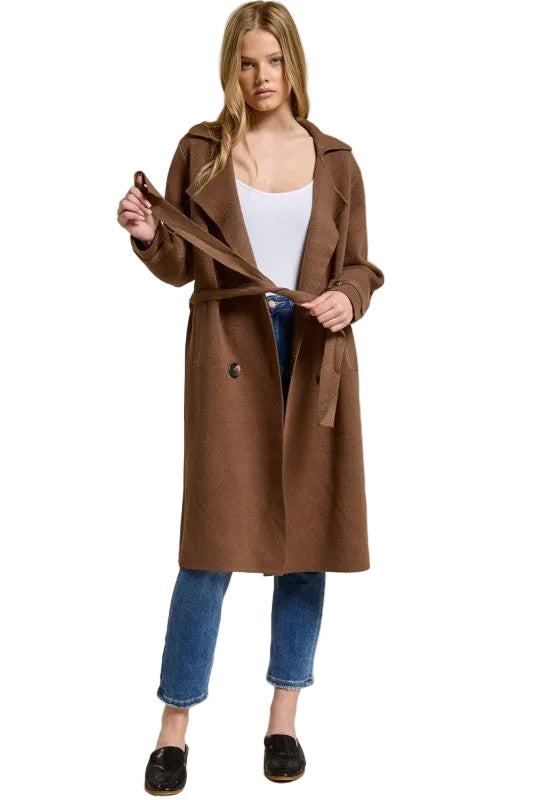 Trestles Clothing Company Beckham midi sweater coat in brown cashmere blend with optional tie belt over jeans